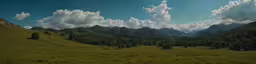 a grassy hill with trees and clouds in the distance