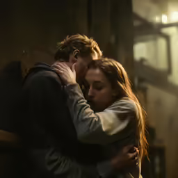a man is hugging a woman while standing by the wall