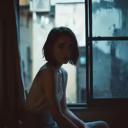 a woman sitting next to a window and staring at the camera