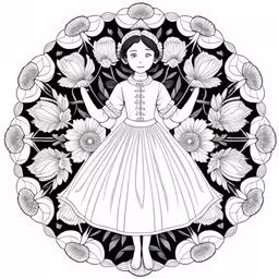 a drawing of a woman wearing a white dress with flowers on the side,the image of a girl with long hair stands in front of a circular of flowers,a drawing of the character, in a white dress,a woman in a white dress with her hands out,the girl is dressed in a white dress and floral decorations