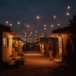 people walking down a dark alley with lights on it