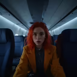 an image of a young girl with red hair sitting in the airplane