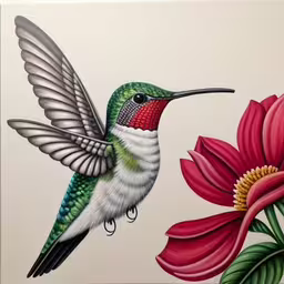 a hummingbird hovering over some red and white flowers,the picture is of a humming bird flying away,there is a painting of a hummingbird with red and white flowers in the background,a bird is sitting next to a flower on the wall,a painting of a hummingbird flying towards a flower