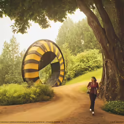 a woman walking down a path with a large circular object in the middle of the road