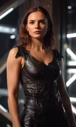 a woman in leather clothing standing next to a building
