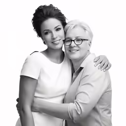 a woman holding her husband while they both have their arms around each other