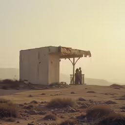 a couple of people are sitting around a small structure