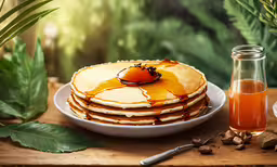 pancakes on white plate with syrup and green leaves,a pile of pancakes next to a glass and a jar