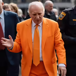 an old man with an orange suit on