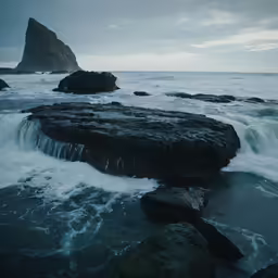 the waves hit on rocks as they roll across the beach