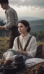 a man stands behind the young girl who is wearing an apron