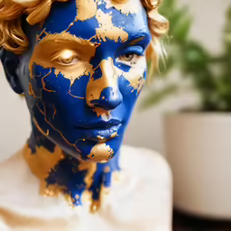 a statue of a man with gold paint on his face