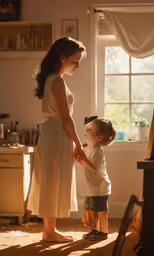 a woman holding the hand of a little boy with sun streaming through
