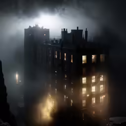 a city that has fog and is surrounded by darkness