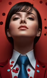 a woman in a suit and tie is laying down