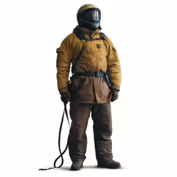 a person in safety gear standing with a leash on a white background