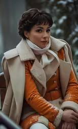 a woman is wearing an orange jacket and white scarf