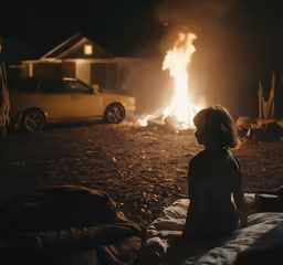a girl sitting in front of a fire with her face covered by blankets