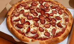 a pizza with pepperoni and cheese sits in a box