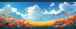a painting of a field filled with flowers and trees