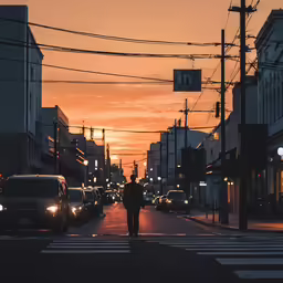 a person walking along a city street at sunset