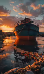 a blue boat sits anchored at sunset in the water