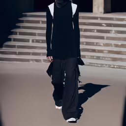 a woman with black clothing and white sneakers