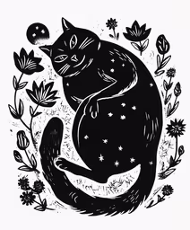 a black and white illustration of a cat sitting on it
