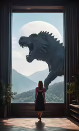 a woman is looking out of a window at a giant dinosaur