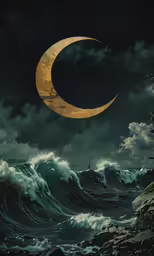 a crescent moon over an ocean, with waves