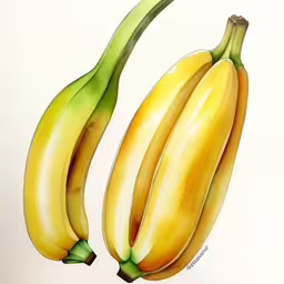 a drawing of two bananas with green stems,there are two ripe bananas painted with markers