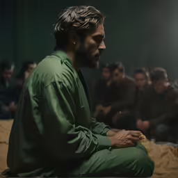 a man sits in front of a large group of men