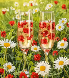 the champagne is made up in glasses with red flowers on them