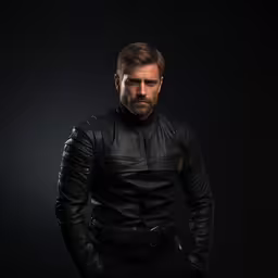 man in leather clothes posing with his hand on his hip,man in black clothes with his hands on hips