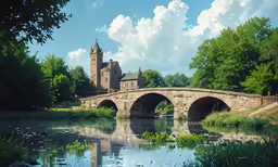 a castle like building with a large bridge over it
