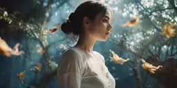 a woman is in a forest with falling leaves