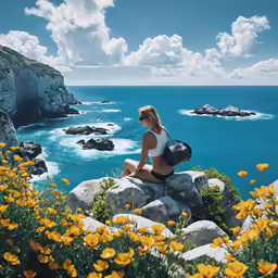 a woman in a bathing suit sitting on some rocks