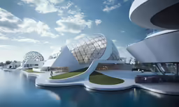 this futuristic building has an abstractly curved design and water front