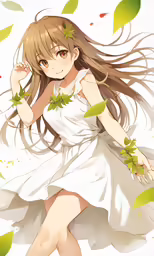 an anime girl in a white dress holding leaves