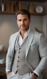 a male model wearing a grey suit and shirt