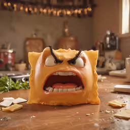 the head of an angry looking creature has googly eyes