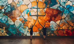 two people standing in front of a wall with stained glass