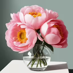 a vase with some pink flowers sitting on a table