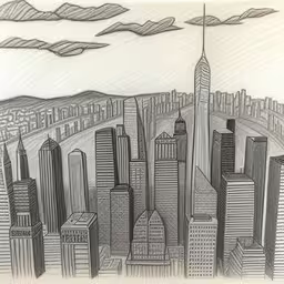 a drawing with a city skyline and mountains,a drawing of a city with a tall building and mountains
