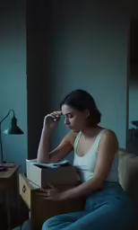 a woman is sitting on the couch and putting something in her mouth