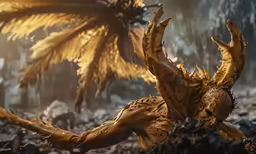 a gold dragon chasing on rocks and a forest