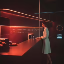 woman in a white trench coat stands at an empty counter