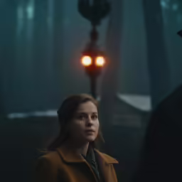 the girl looks into the distance as she stands next to the man