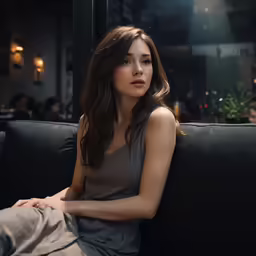 an asian woman is sitting on a black leather couch