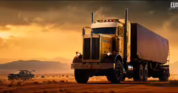 yellow truck driving on dirt path in desert area with distant sky,a big truck and an old car driving through desert